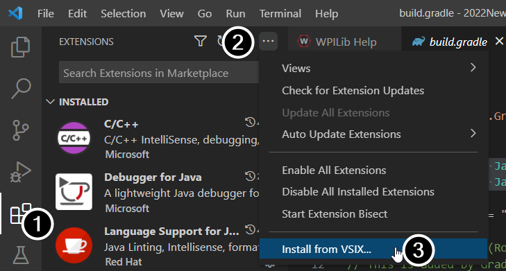 VS Code screen showing the navigation steps to Install from VSIX
